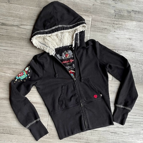 Vintage Y2K SET ‘Twisted Heart’ ♥️ Embroidered Hoodie & Flare Lounge Pants, Med - Picture 4 of 12